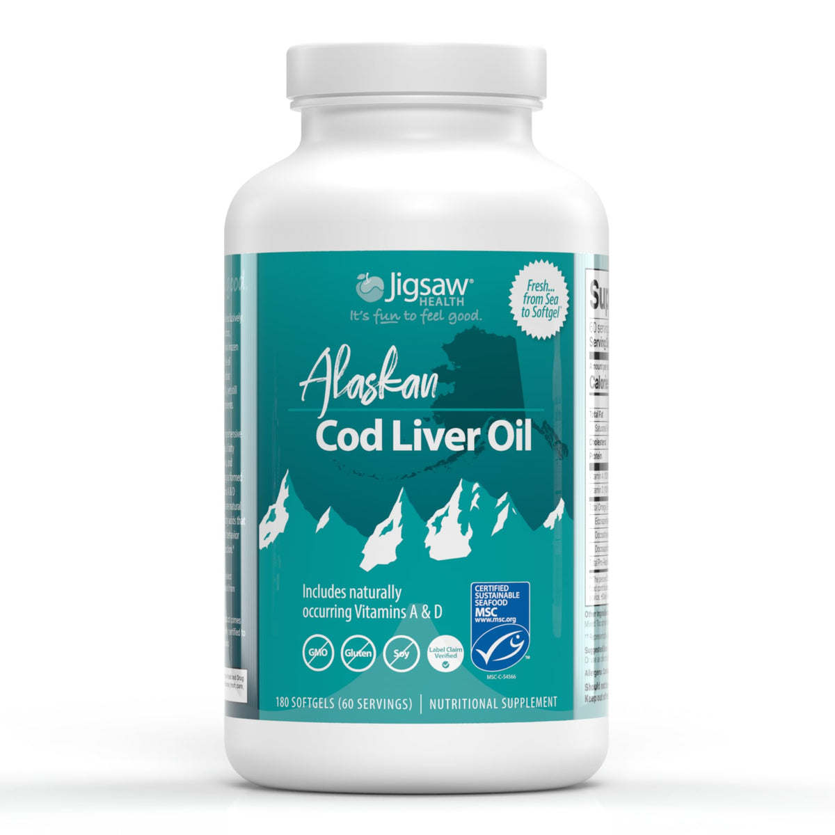 Jigsaw Health Huile de Foie de Morue Alaskienne 180 gélules, vue de face