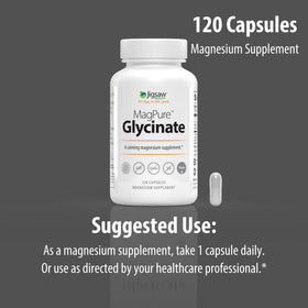 Jigsaw Health MagPure Glycinate capsules sur un fond neutre