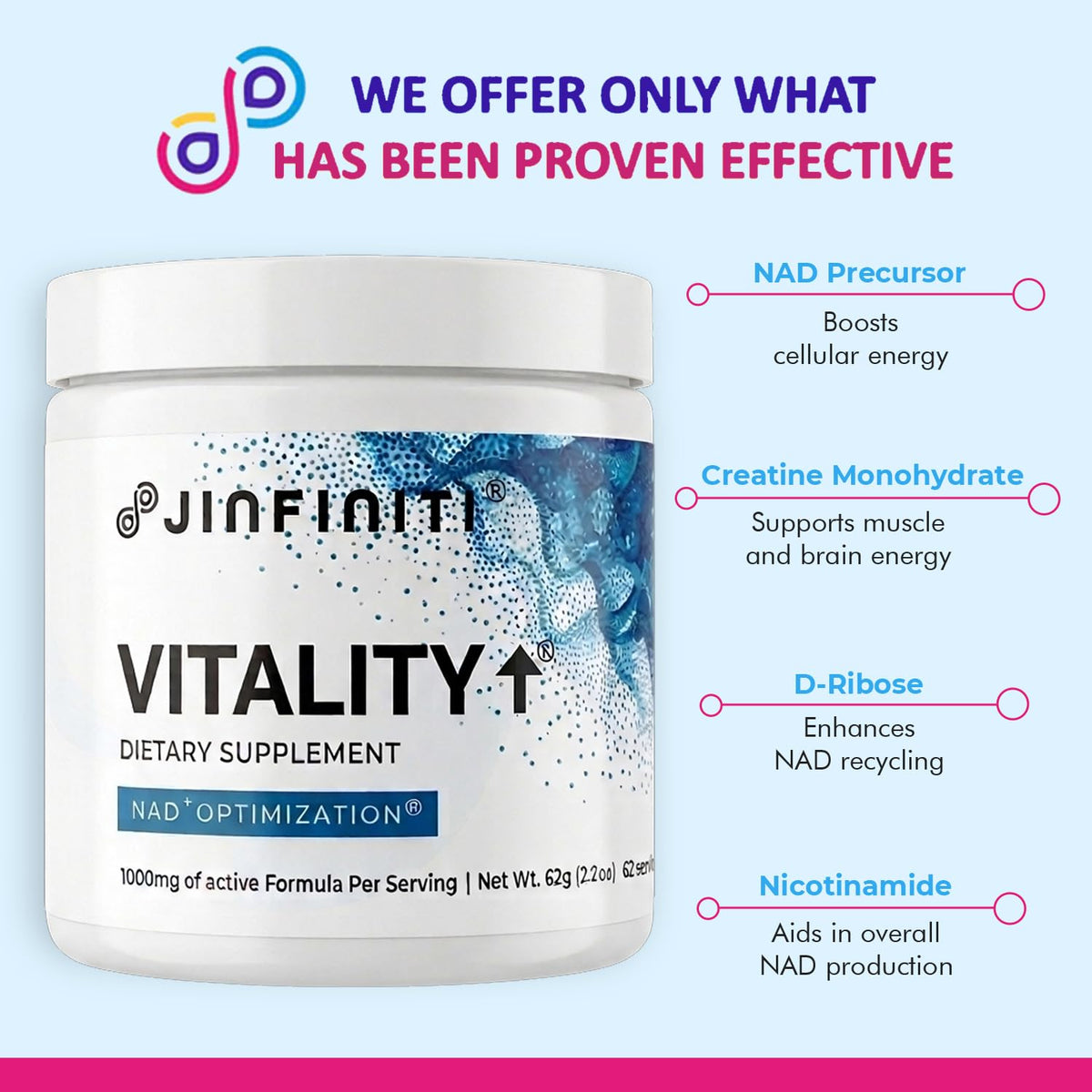 Jinfiniti Vitality NAD+ Optimisation 118g étiquette et détails de composition