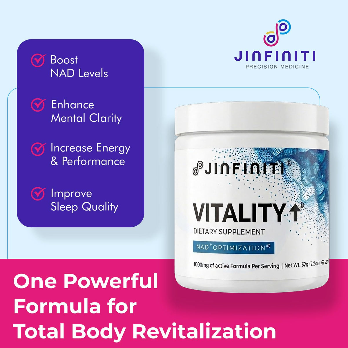 Jinfiniti Vitality NAD+ Optimisation 118g vue de haut avec dosette