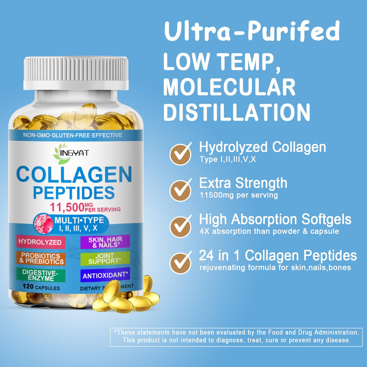 JINGYAT Collagène Peptides Softgels 109g, capsules à l'intérieur
