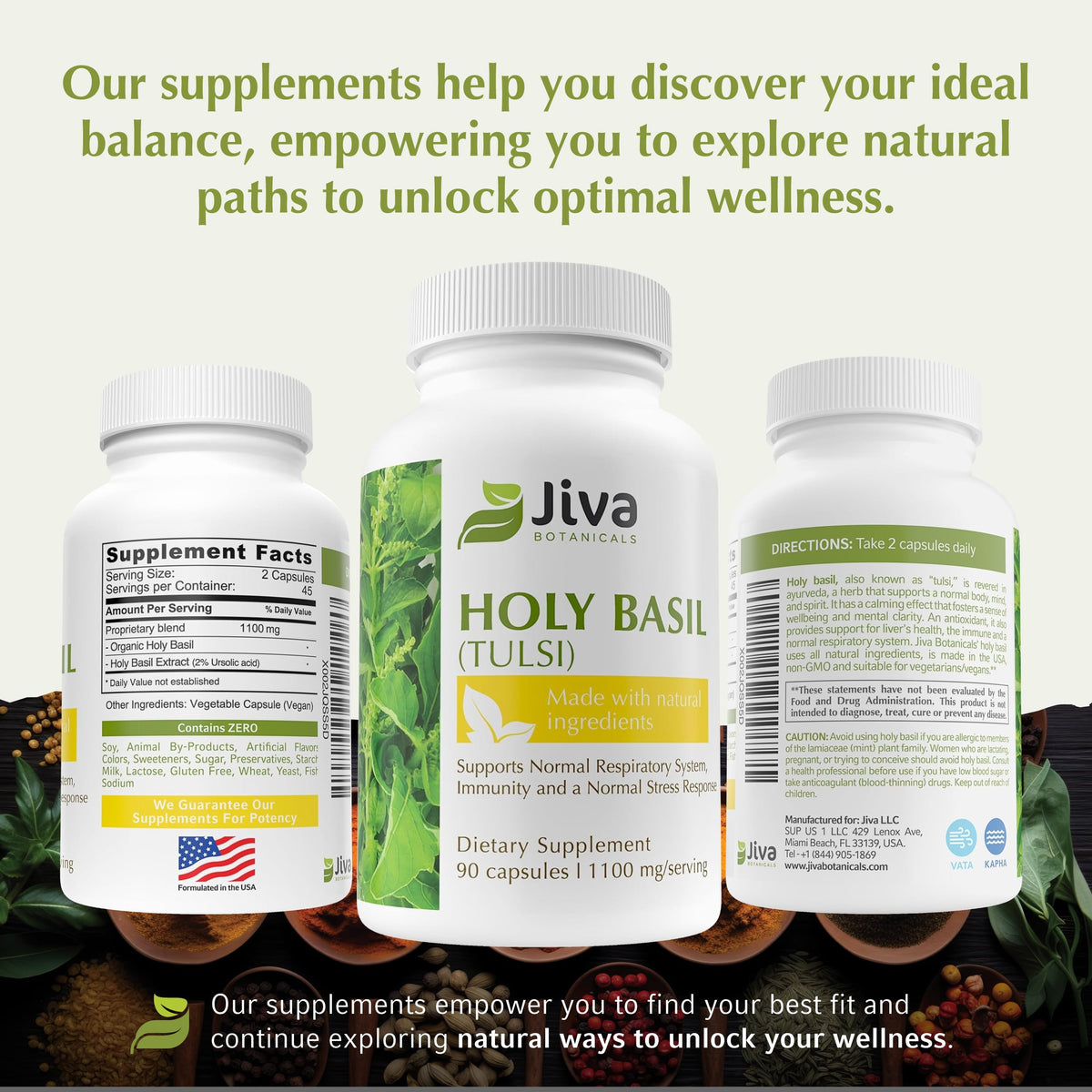 Jiva Botanicals Capsules Basilic Sacré 1100mg - présentation avec des feuilles de basilic