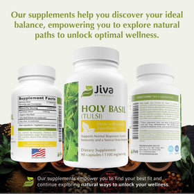 Jiva Botanicals Capsules Basilic Sacré 1100mg - présentation avec des feuilles de basilic