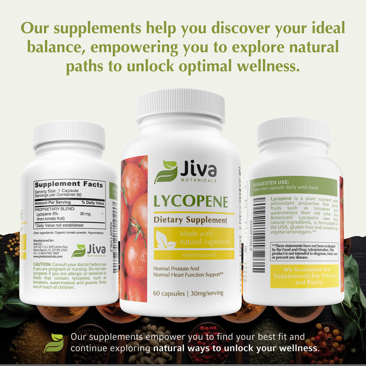 Jiva Botanicals Lycopène 30mg sur une table en bois