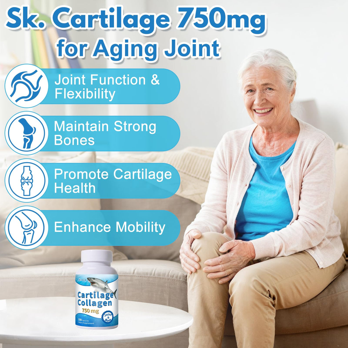 Jkrova Cartilage 750mg capsules sur fond blanc