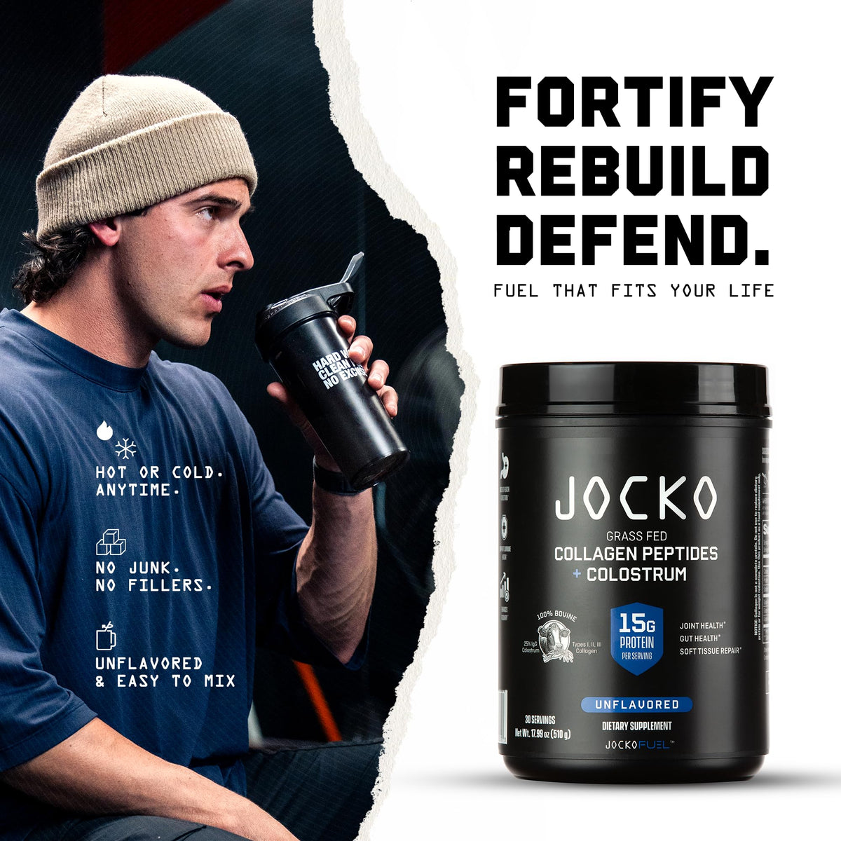 Jocko Fuel Collagen Peptides + Colostrum Poudre 630g avec un verre d'eau