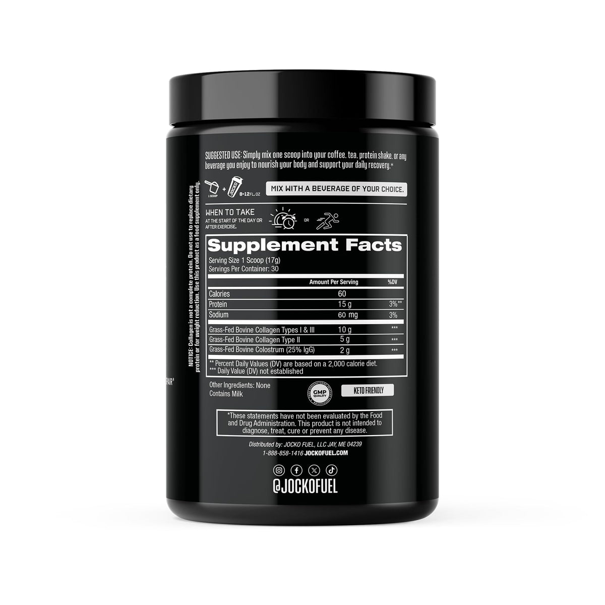 Jocko Fuel Collagen Peptides + Colostrum Poudre 630g vue de dos