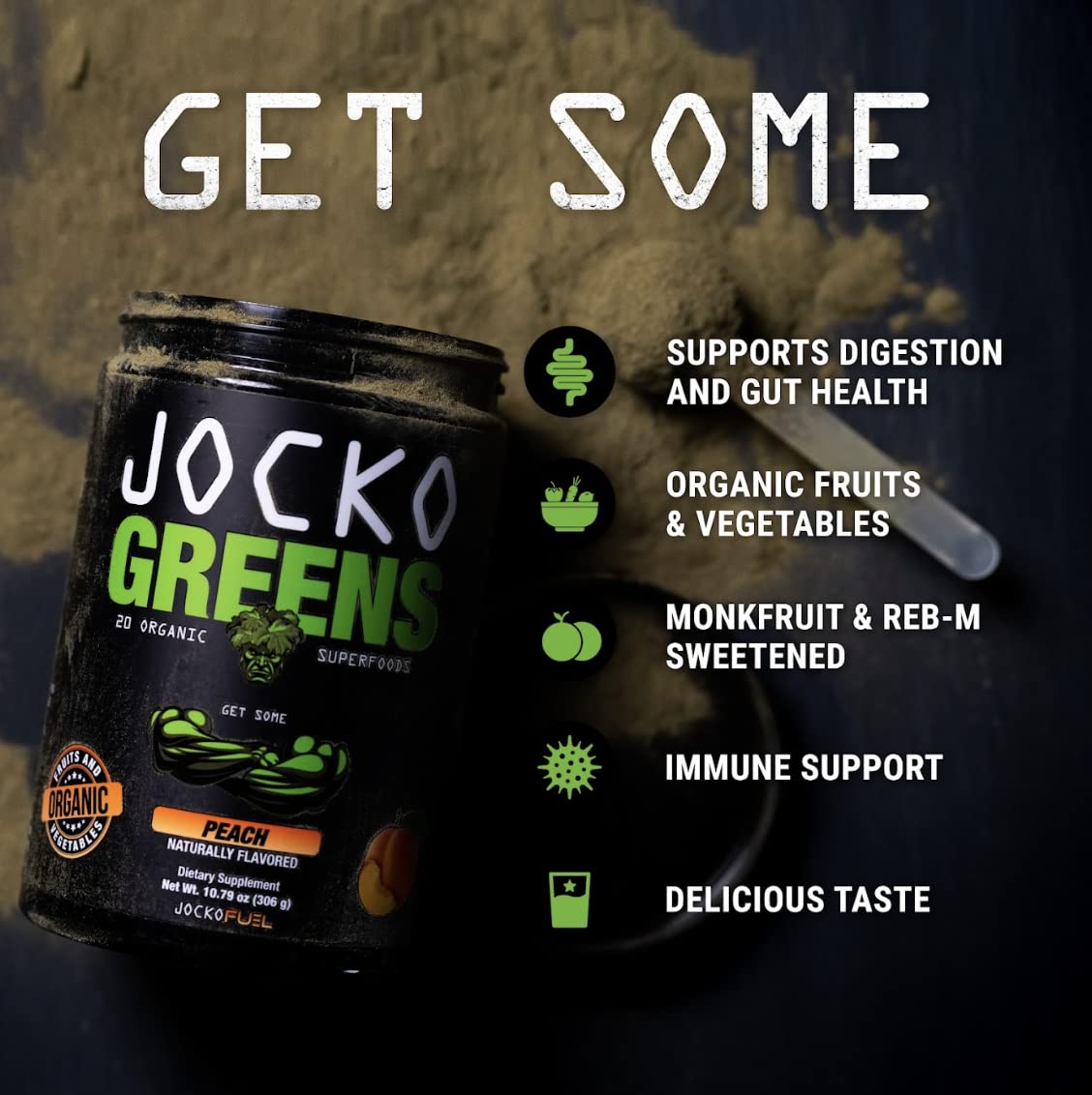 Jocko Fuel Daily Greens Poudre Superaliment 30 Portions, Pêche en verre