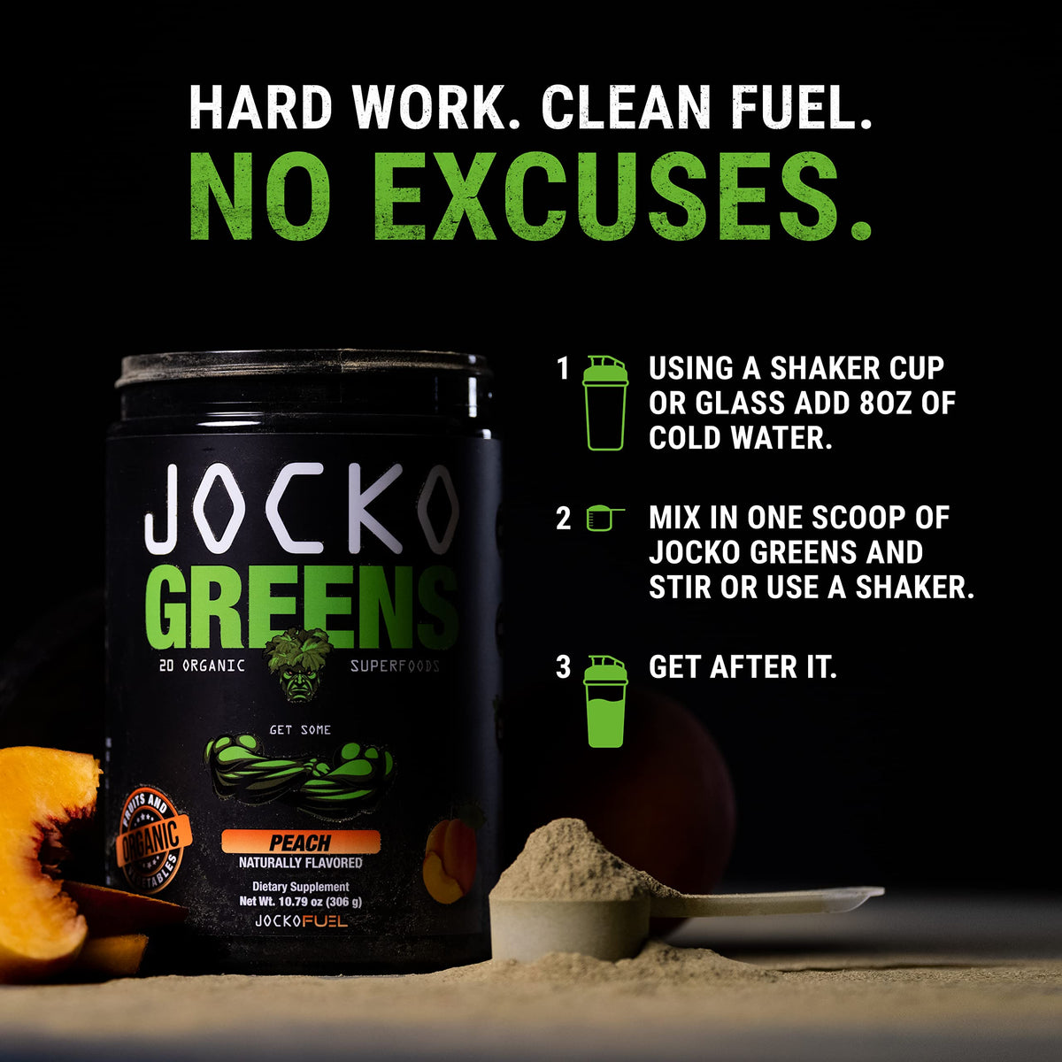 Jocko Fuel Daily Greens Poudre Superaliment 30 Portions, Pêche étiquette détaillée