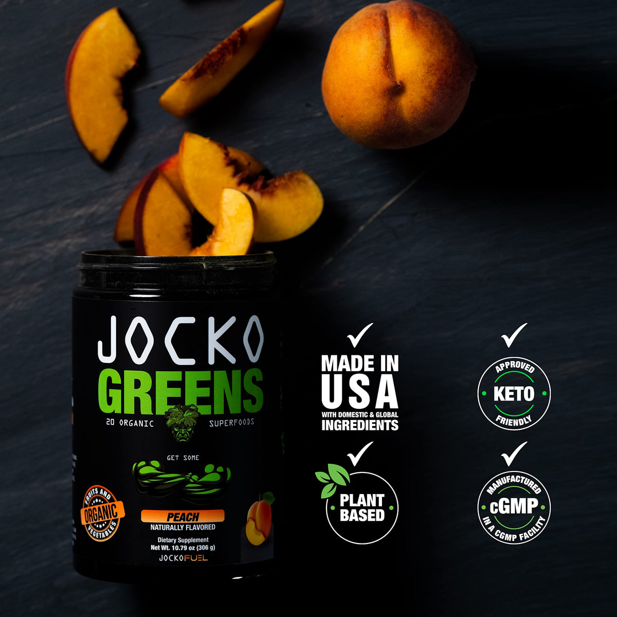 Jocko Fuel Daily Greens Poudre Superaliment 30 Portions, Pêche sur une table