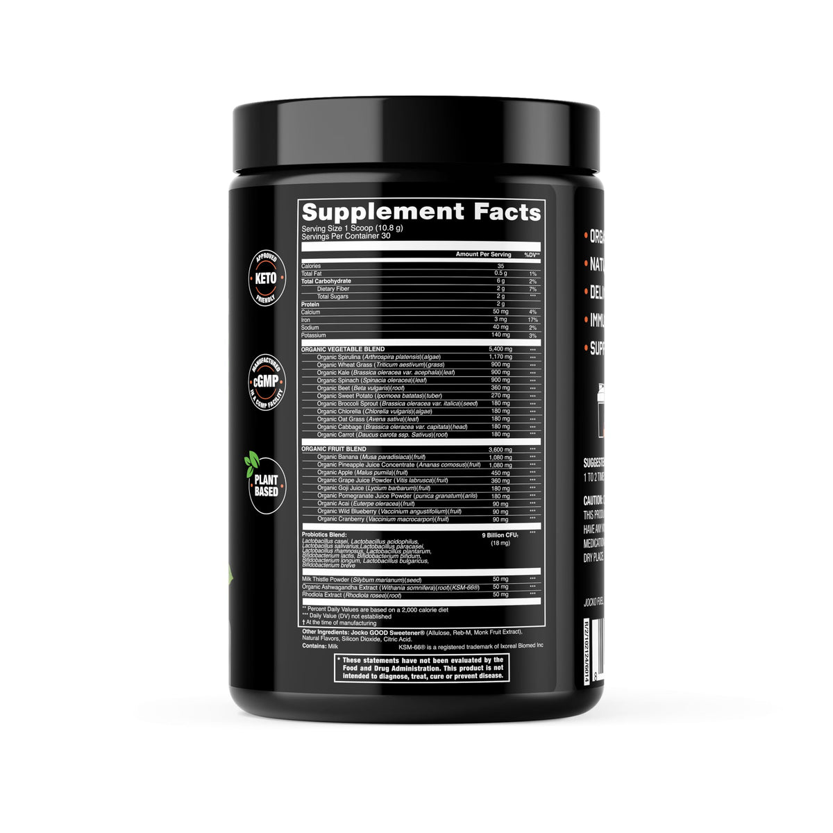 Jocko Fuel Daily Greens Poudre Superaliment 30 Portions, Pêche vue arrière
