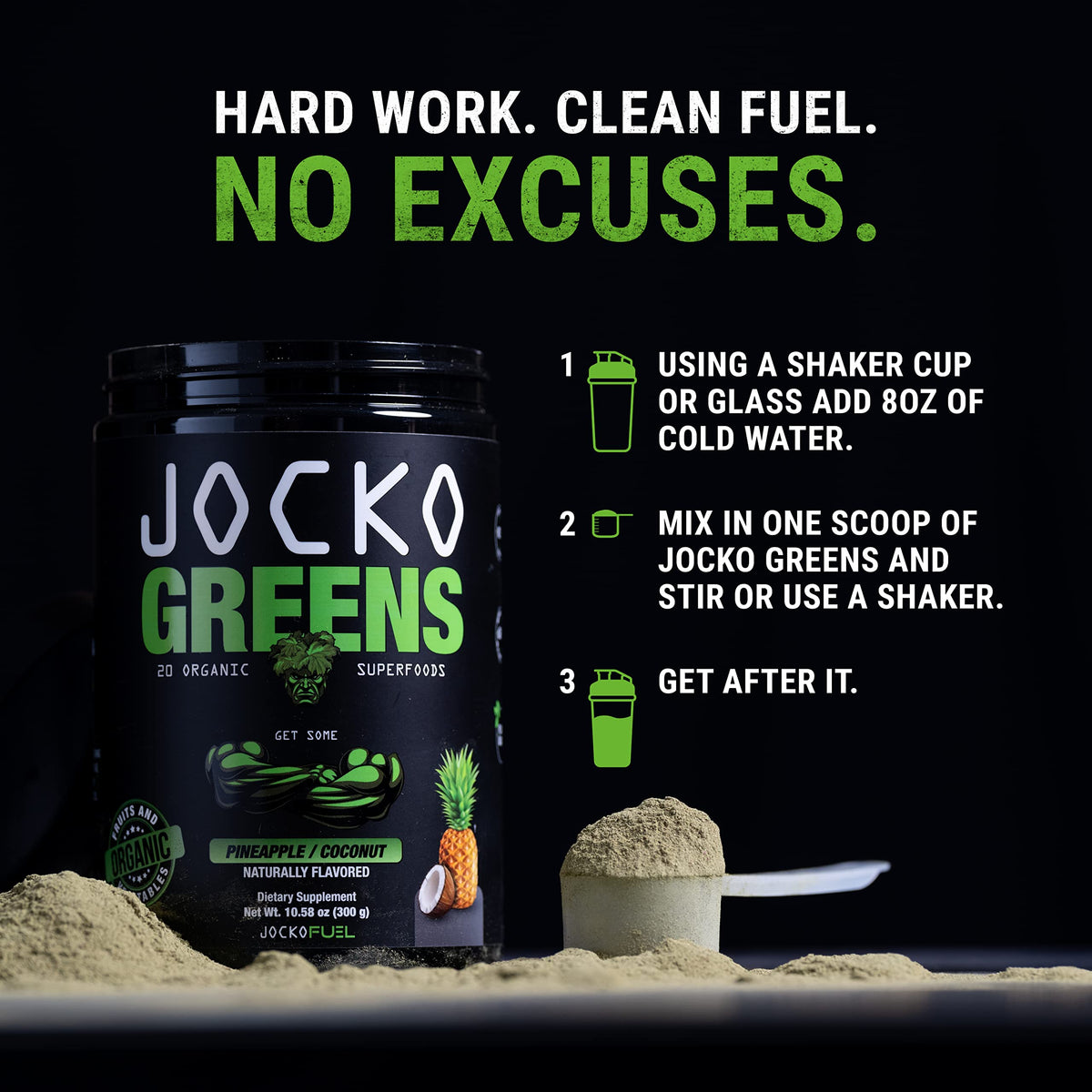 Jocko Fuel Daily Greens Poudre Superaliment Ananas Coco en utilisation quotidienne