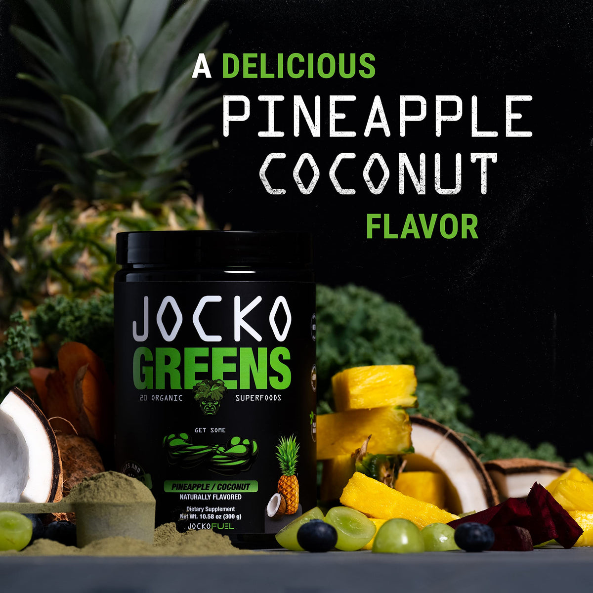 Jocko Fuel Daily Greens Poudre Superaliment Ananas Coco sur une table
