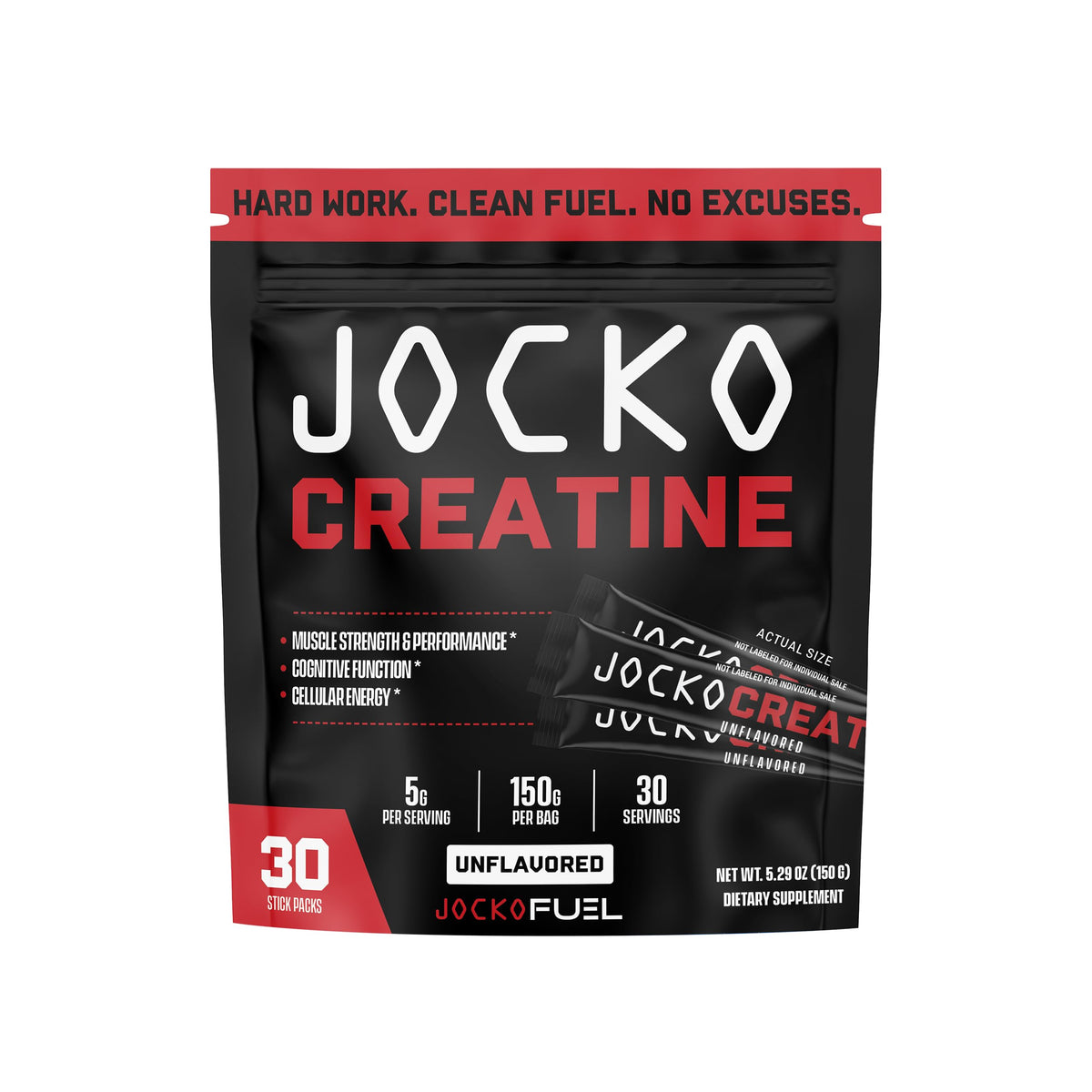 Jocko Fuel Poudre de Créatine Monohydrate sachets sur fond blanc