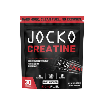 Jocko Fuel Poudre de Créatine Monohydrate sachets sur fond blanc