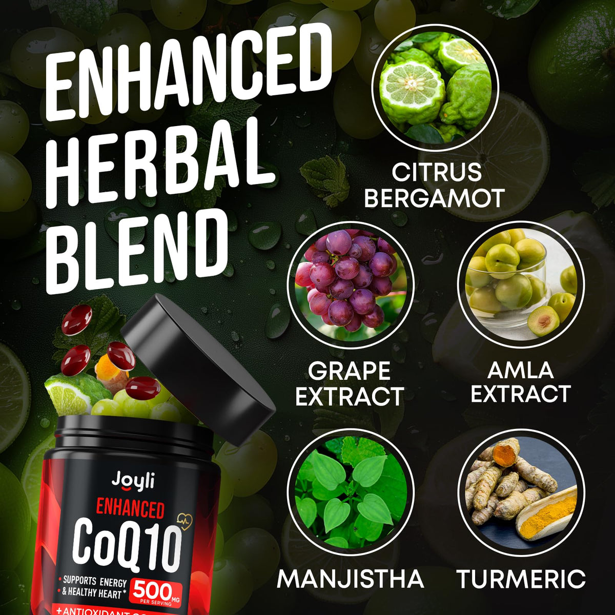 JOYLI Nutrition CoQ10 500mg gélules sur une table en bois