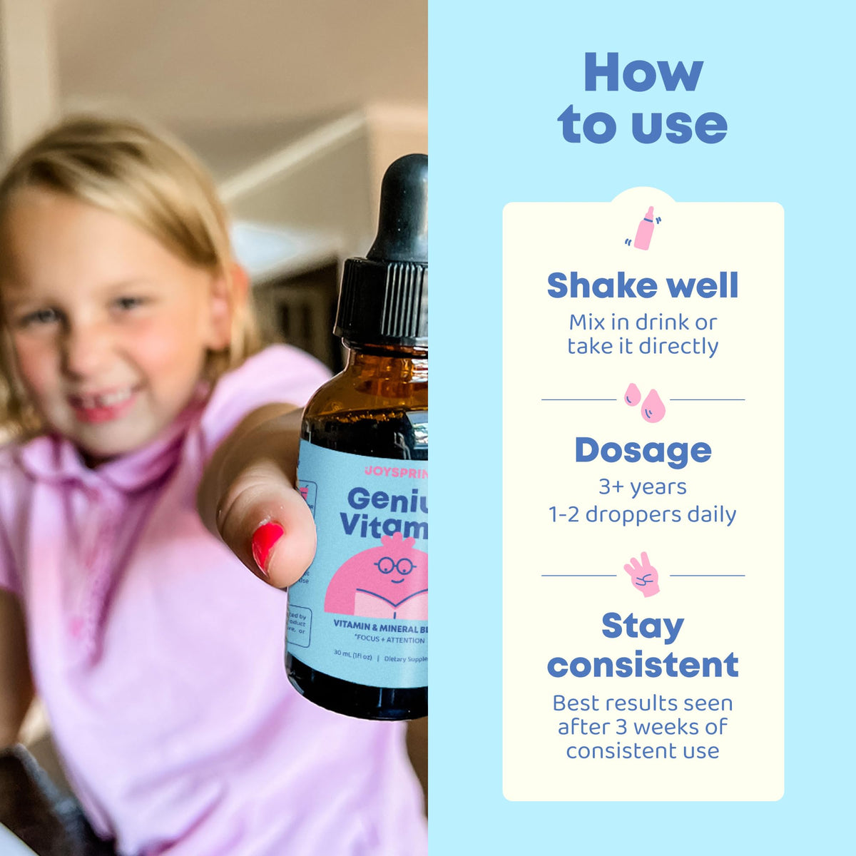 JoySpring B Complex Enfants 30 Ct flacon ouvert avec dose à côté