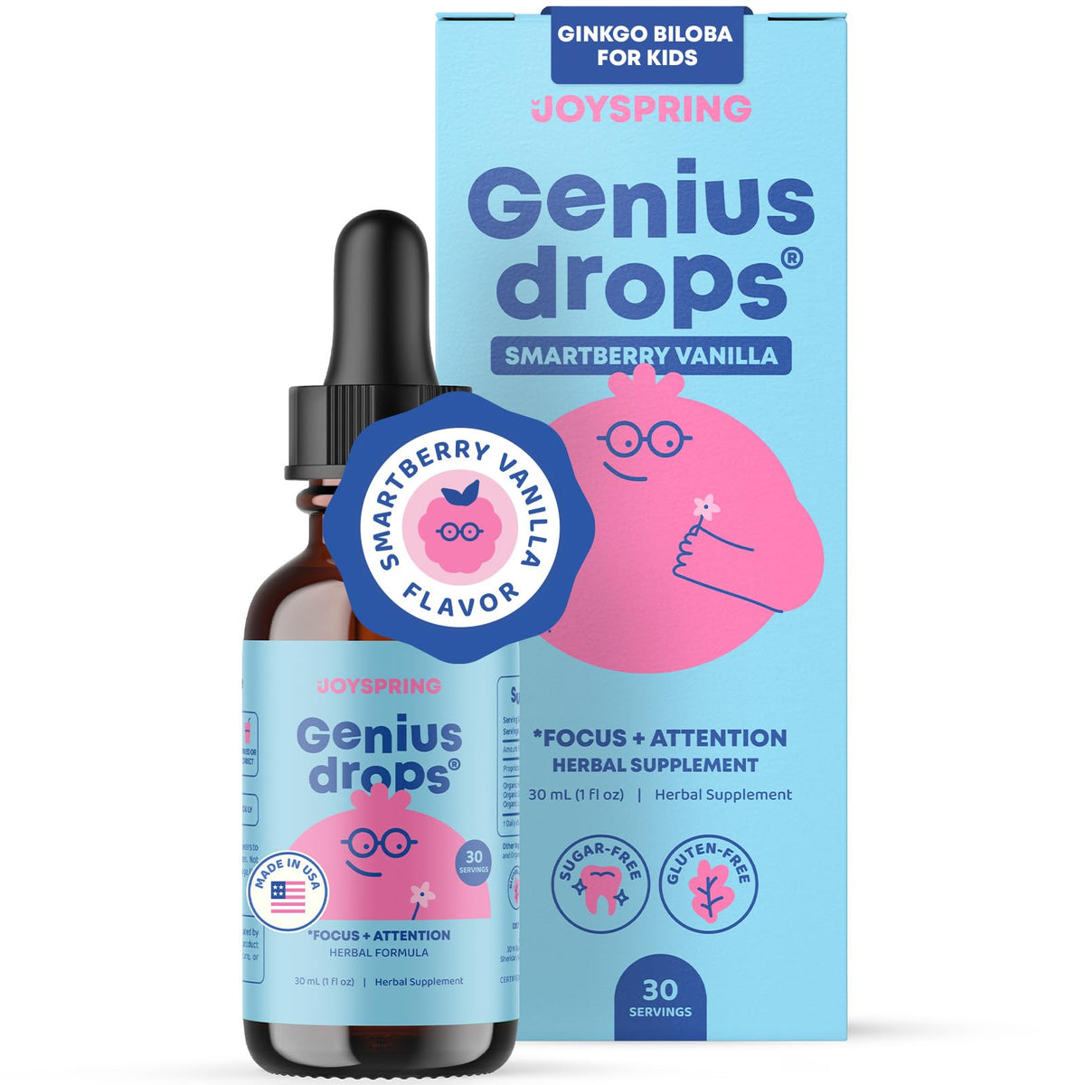 JoySpring Genius Kids Focus Drops SmartBerry Vanille devant avec bouchon
