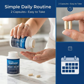 Jqewlg Valisse Smart Relief Pea 600mg capsules on a table