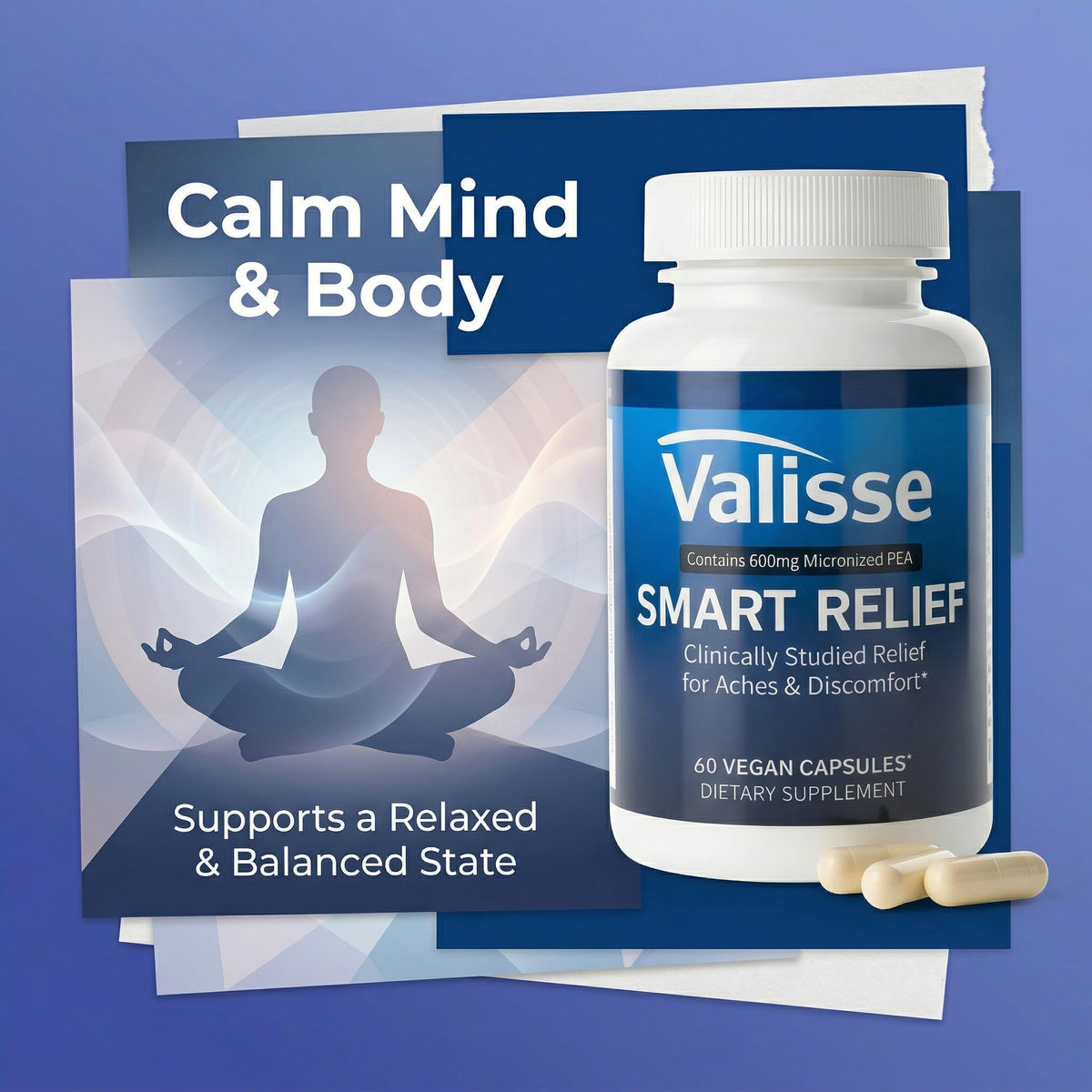 Jqewlg Valisse Smart Relief Pea 600mg capsules with a measuring spoon