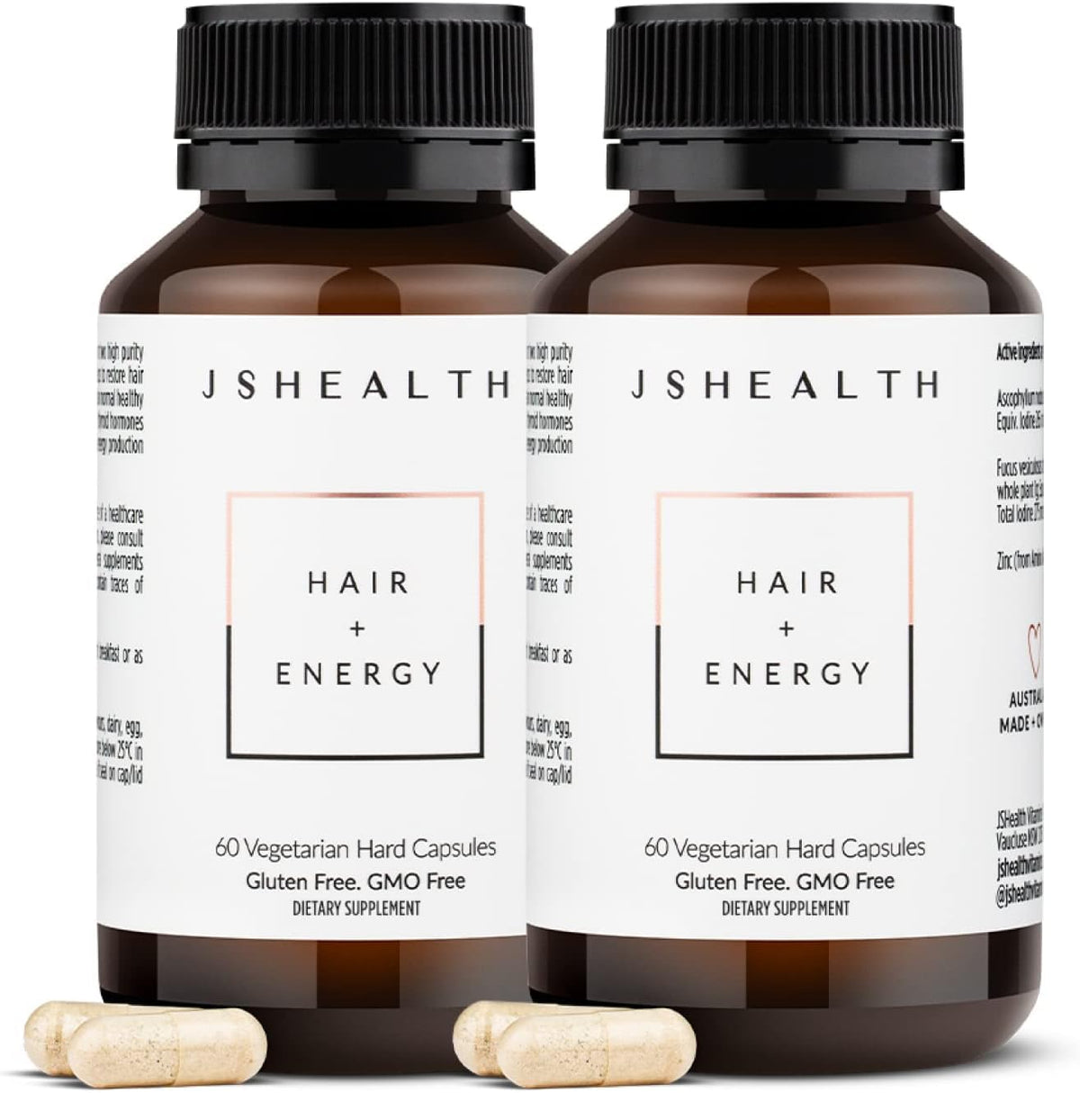 JSHealth Compléments Alimentaires Cheveux + Énergie - 60 Capsules vue de face