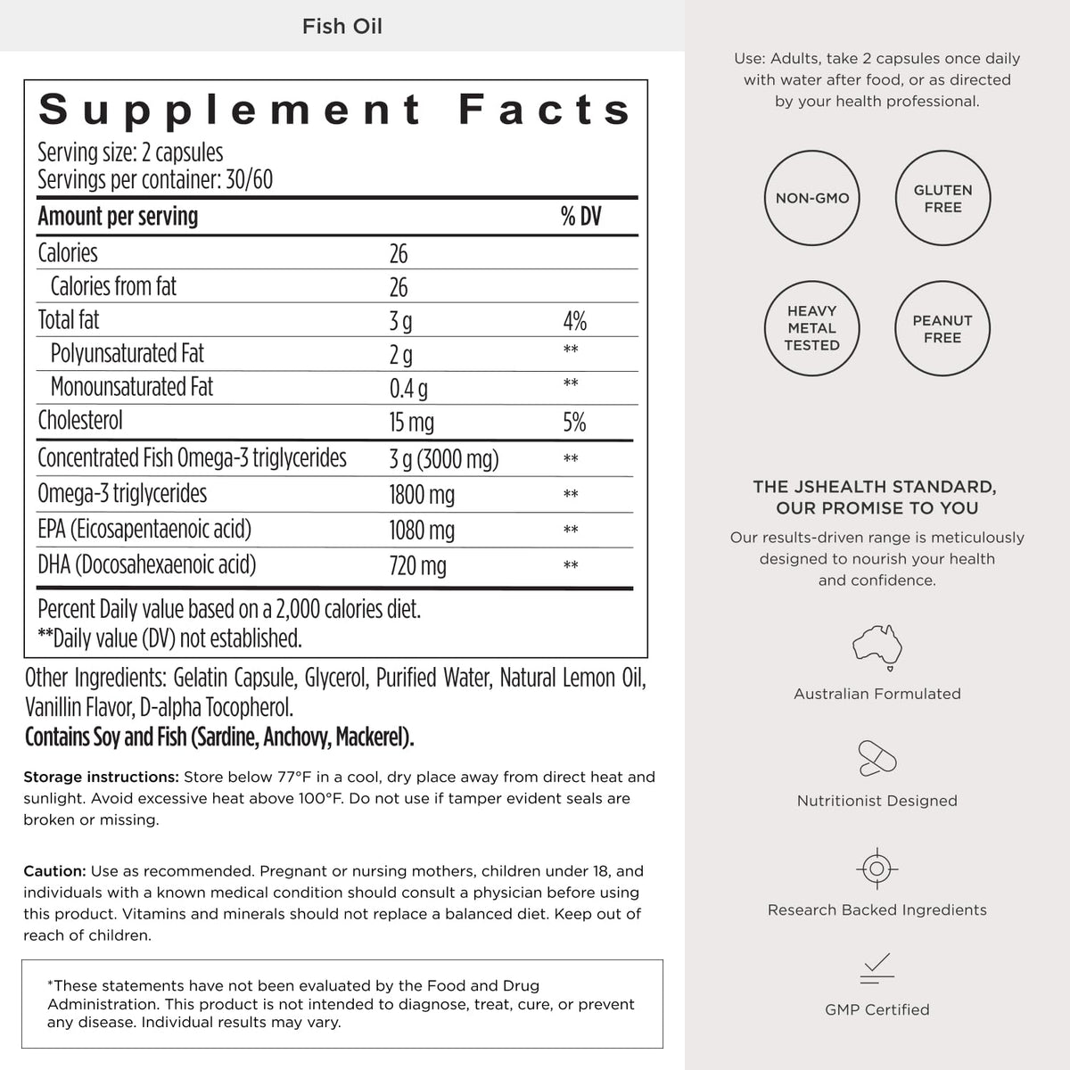 JSHealth huile de poisson forte 900mg Omega-3 capsules sur une assiette