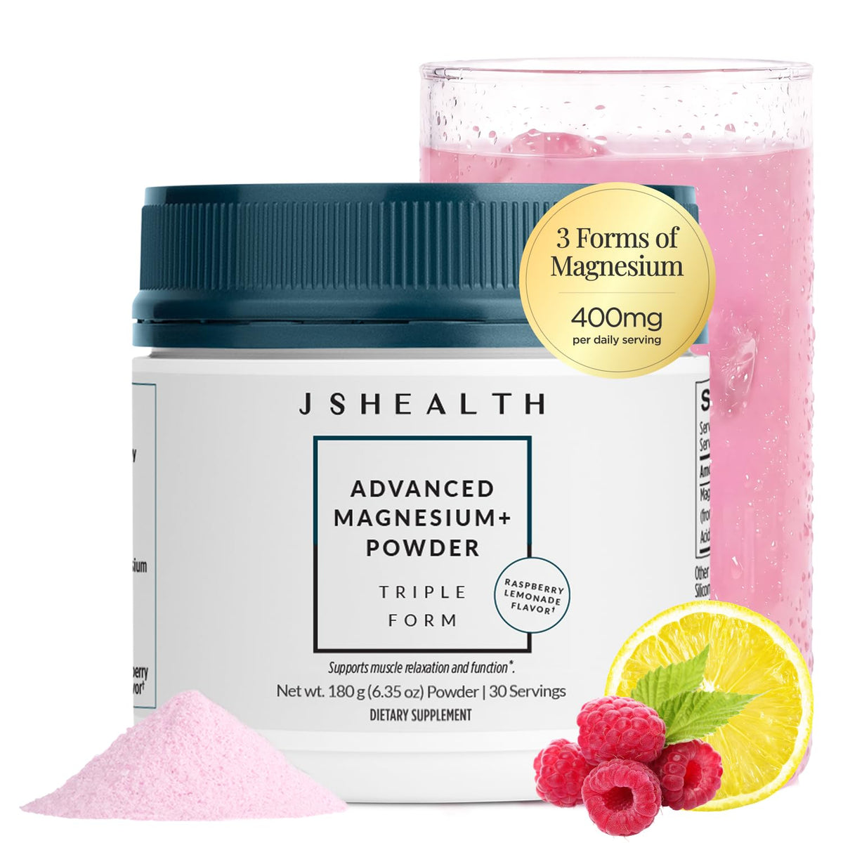JSHealth Poudre de Magnésium 400mg vue avant avec étiquette citron framboise