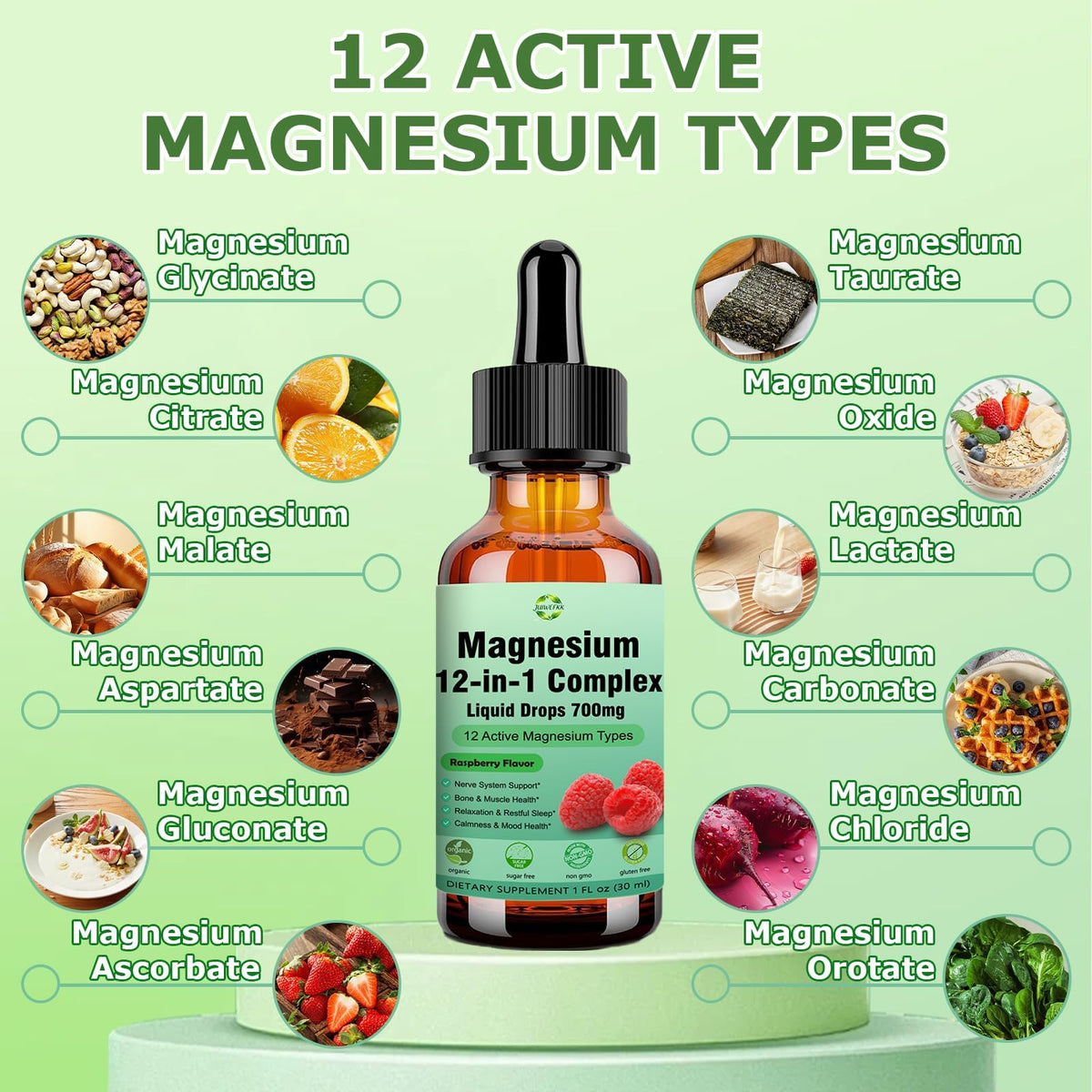 JUIWEFKK Magnésium 12 en 1 700mg gouttes en verre