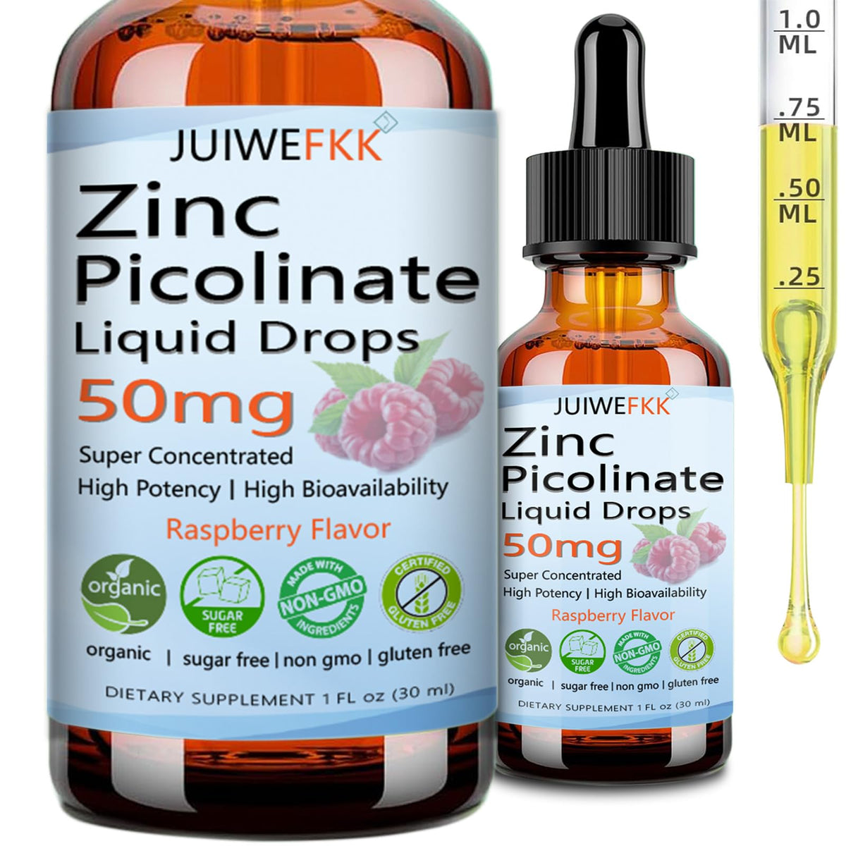 JUIWEFKK Zinc Picolinate 50mg flacon avant avec étiquette framboise