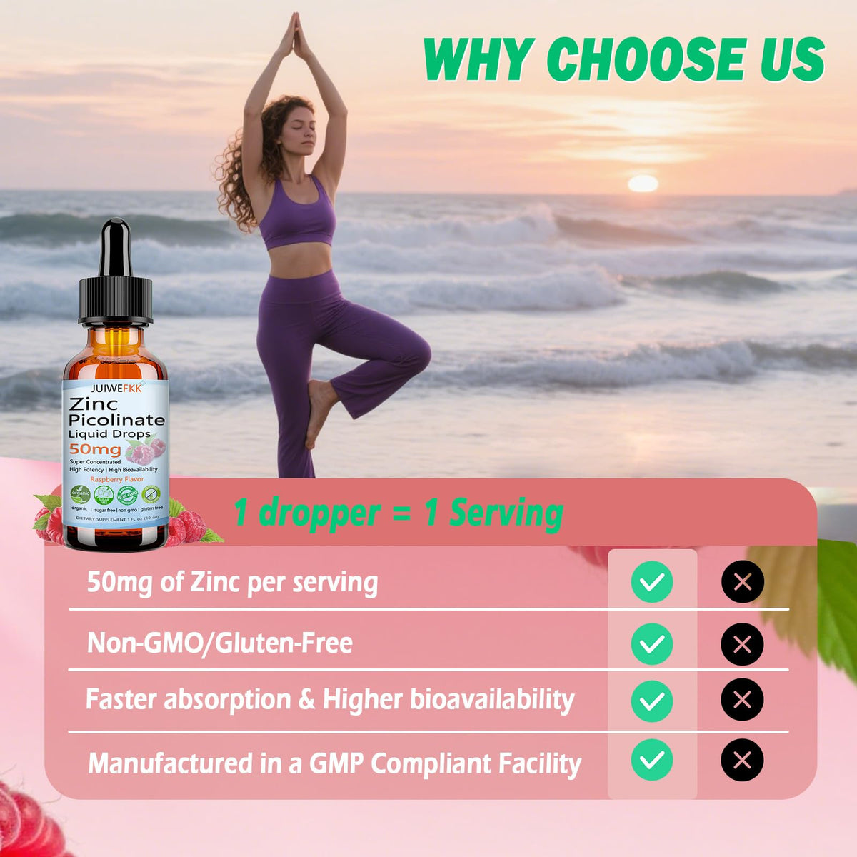 JUIWEFKK Zinc Picolinate 50mg flacon avec ingrédients listés