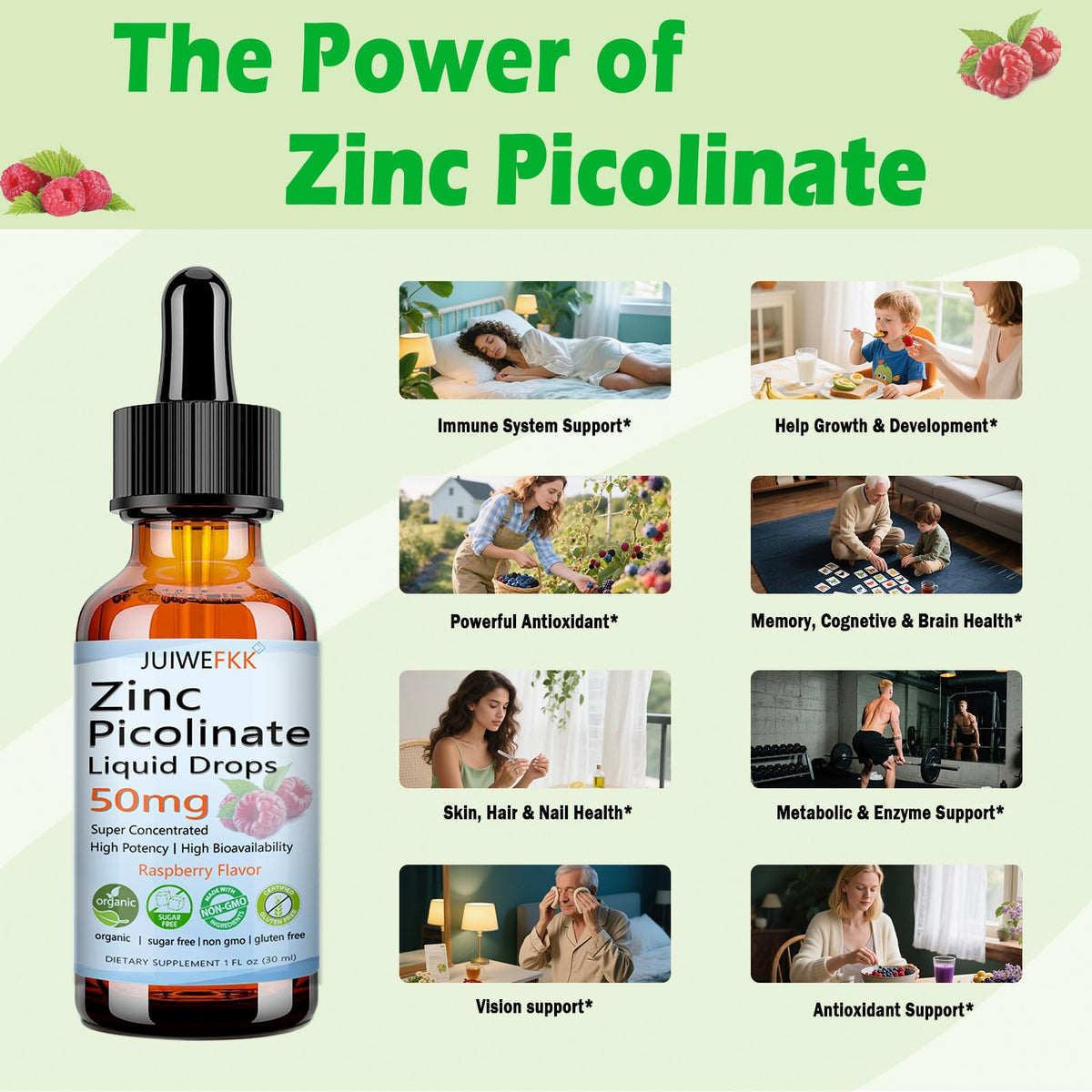 JUIWEFKK Zinc Picolinate 50mg flacon ouvert montrant le liquide