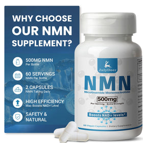 JulyDeer NMN 500mg avec des capsules sur une table