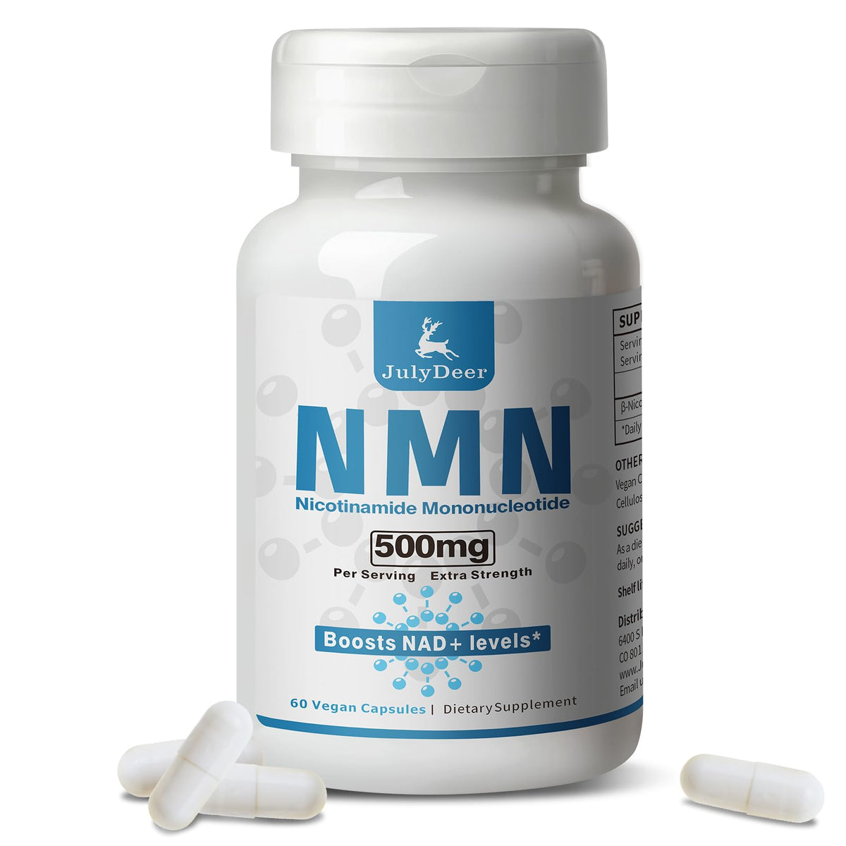 JulyDeer NMN 500mg complément alimentaire en capsules, vue de face