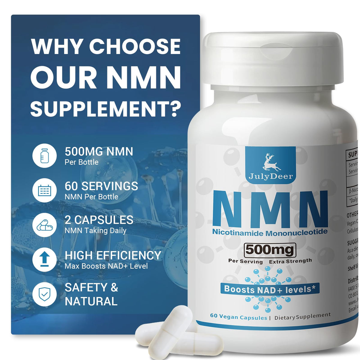 JulyDeer NMN 500mg sur une table avec d'autres compléments alimentaires