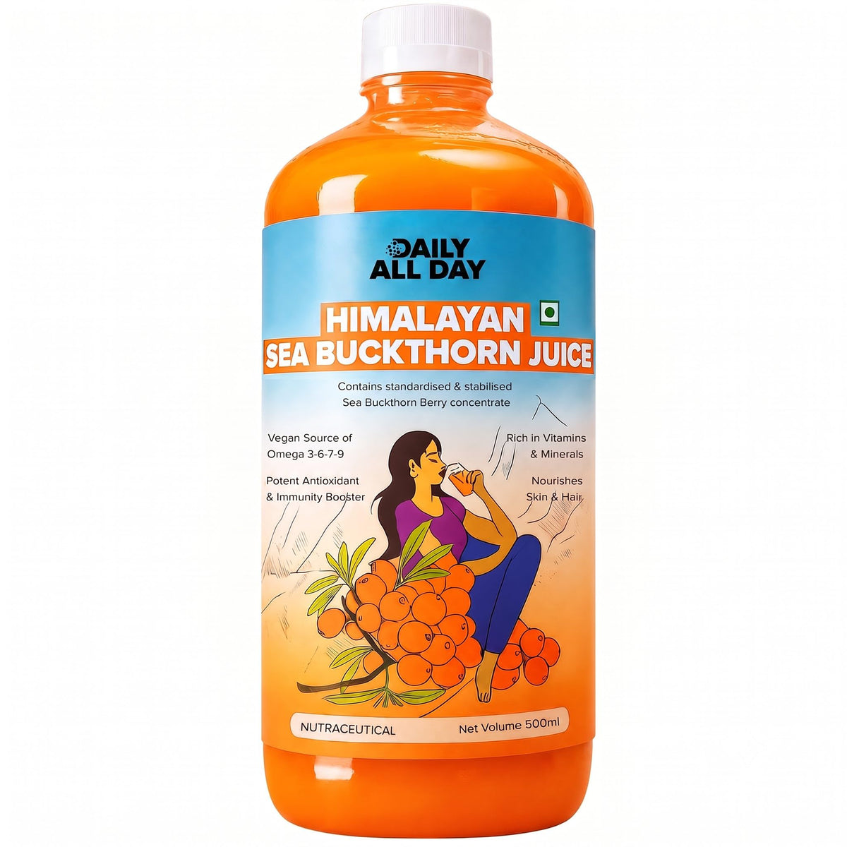 Jus d'Argousier de l'Himalaya 500ml, vue de face avec étiquette