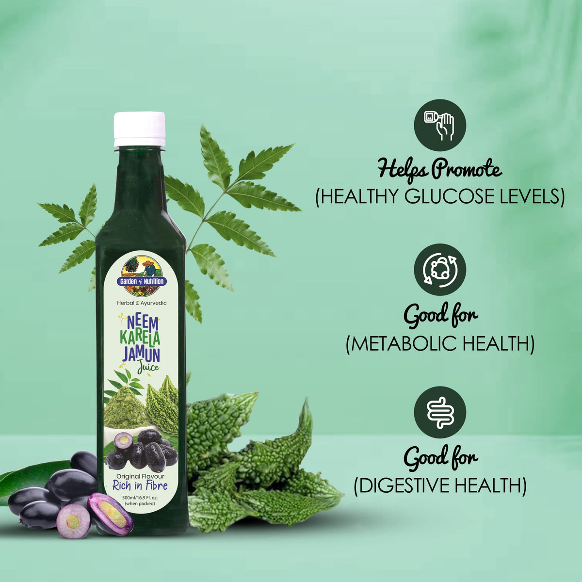 Jus de Neem Karela Jamun 500ml arrière vue montrant les ingrédients