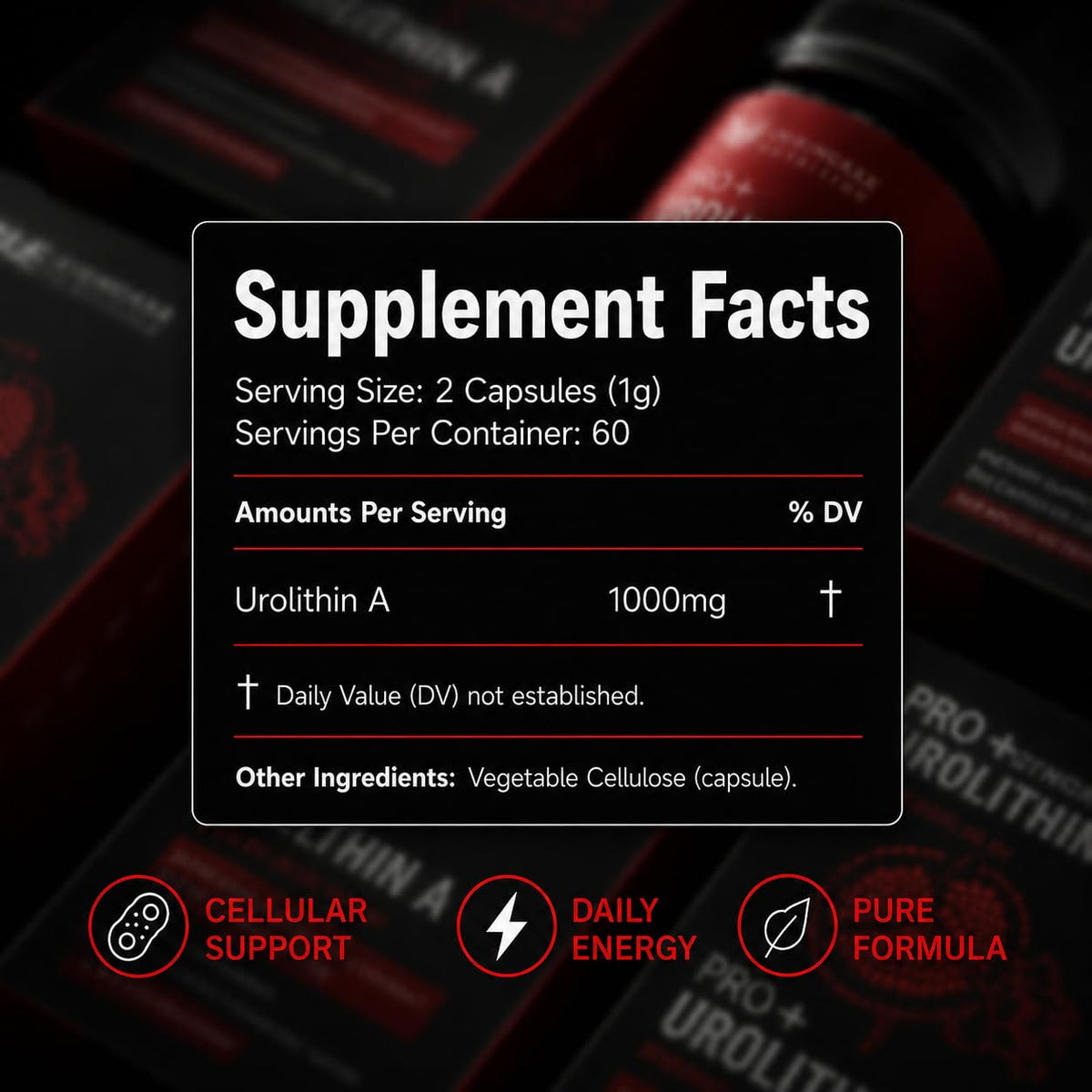 JUSINCASE NUTRITION Urolithin A PRO Capsules 1000mg avec vue d'ensemble de l'emballage
