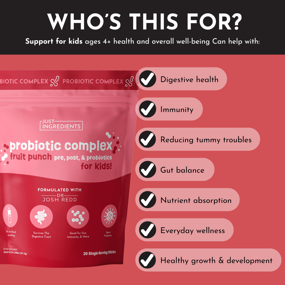 JUST INGREDIENTS Mélange Probiotique Enfants sachets ouverts avec poudre