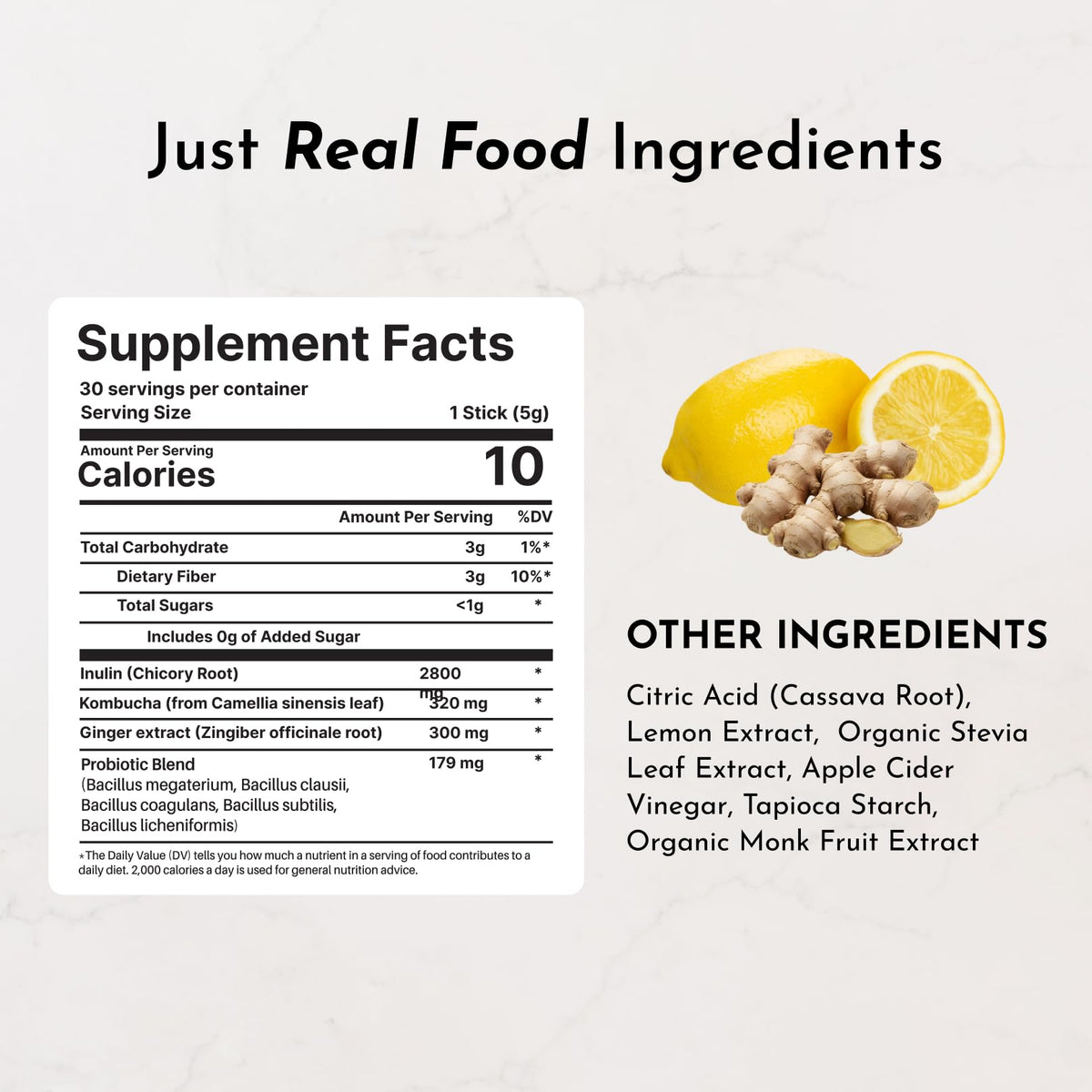 JUST INGREDIENTS Probiotique Citron Gingembre ingrédients sur l'emballage