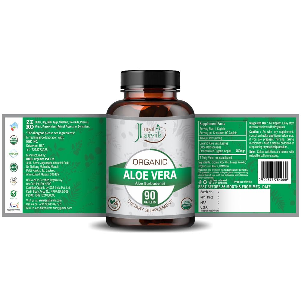 Just Jaivik Aloe Vera 750 mg tablettes bio sur un fond neutre