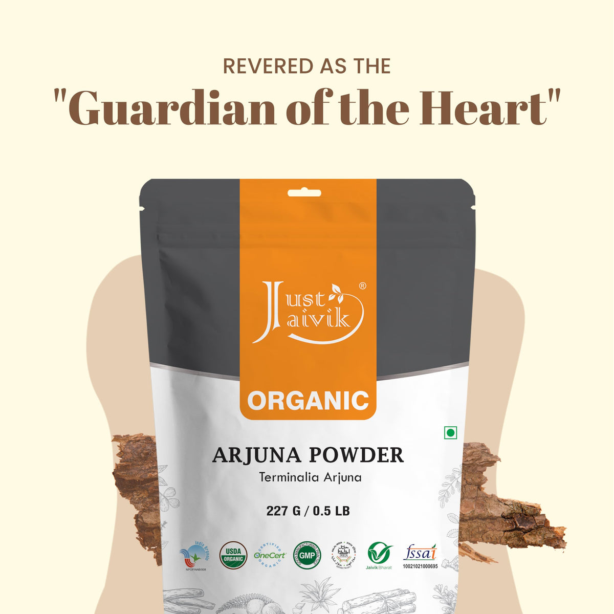 Just Jaivik Poudre d'Écorce d'Arjuna 227g détail de la poudre