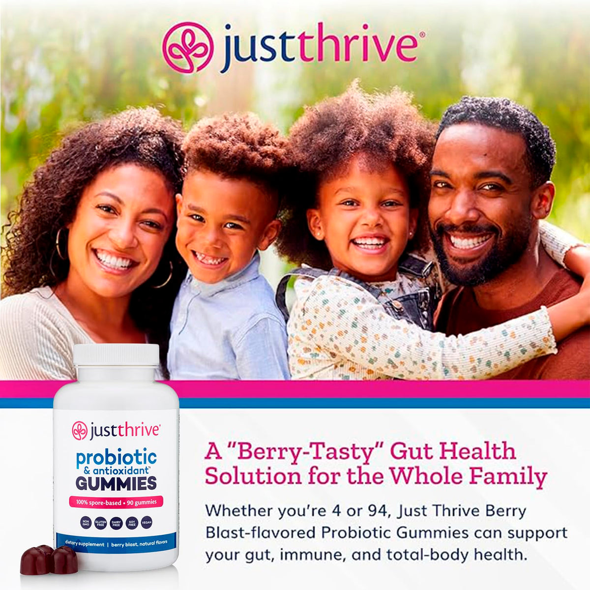 Just Thrive gummies probiotiques, gummies en forme de baies sur un fond blanc
