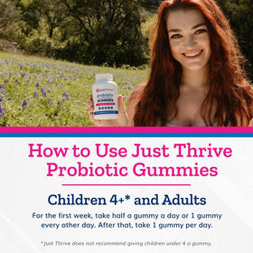 Just Thrive gummies probiotiques, portion de gummies dans une cuillère