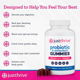 Just Thrive gummies probiotiques, présentation des gummies sur une table