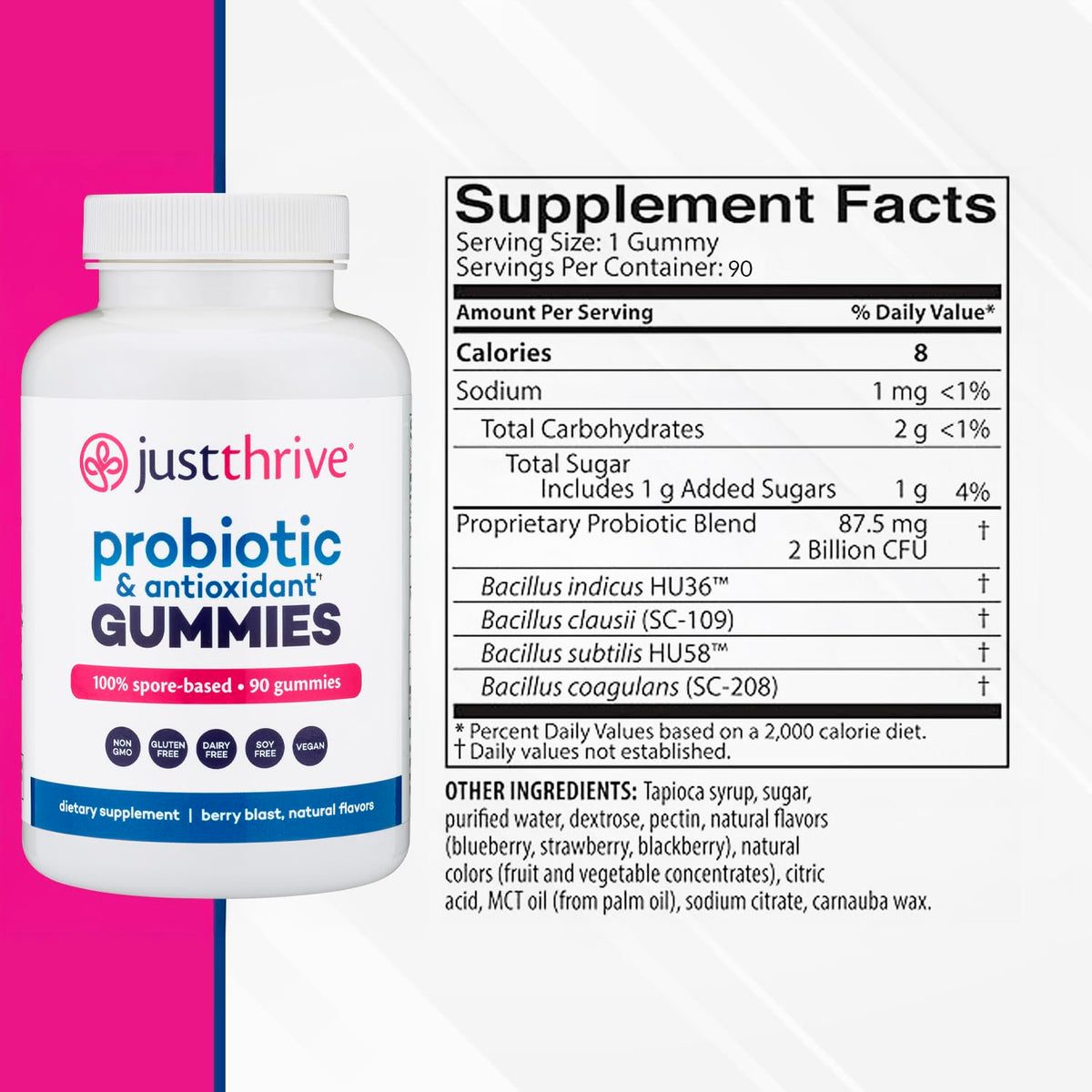 Just Thrive gummies probiotiques, vue latérale de l'emballage