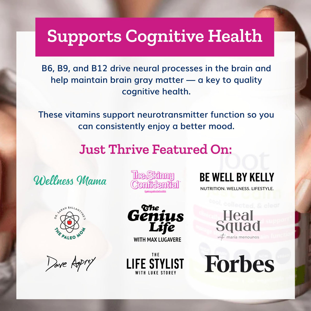 Just Thrive Just Calm, capsules et flacon sur fond blanc