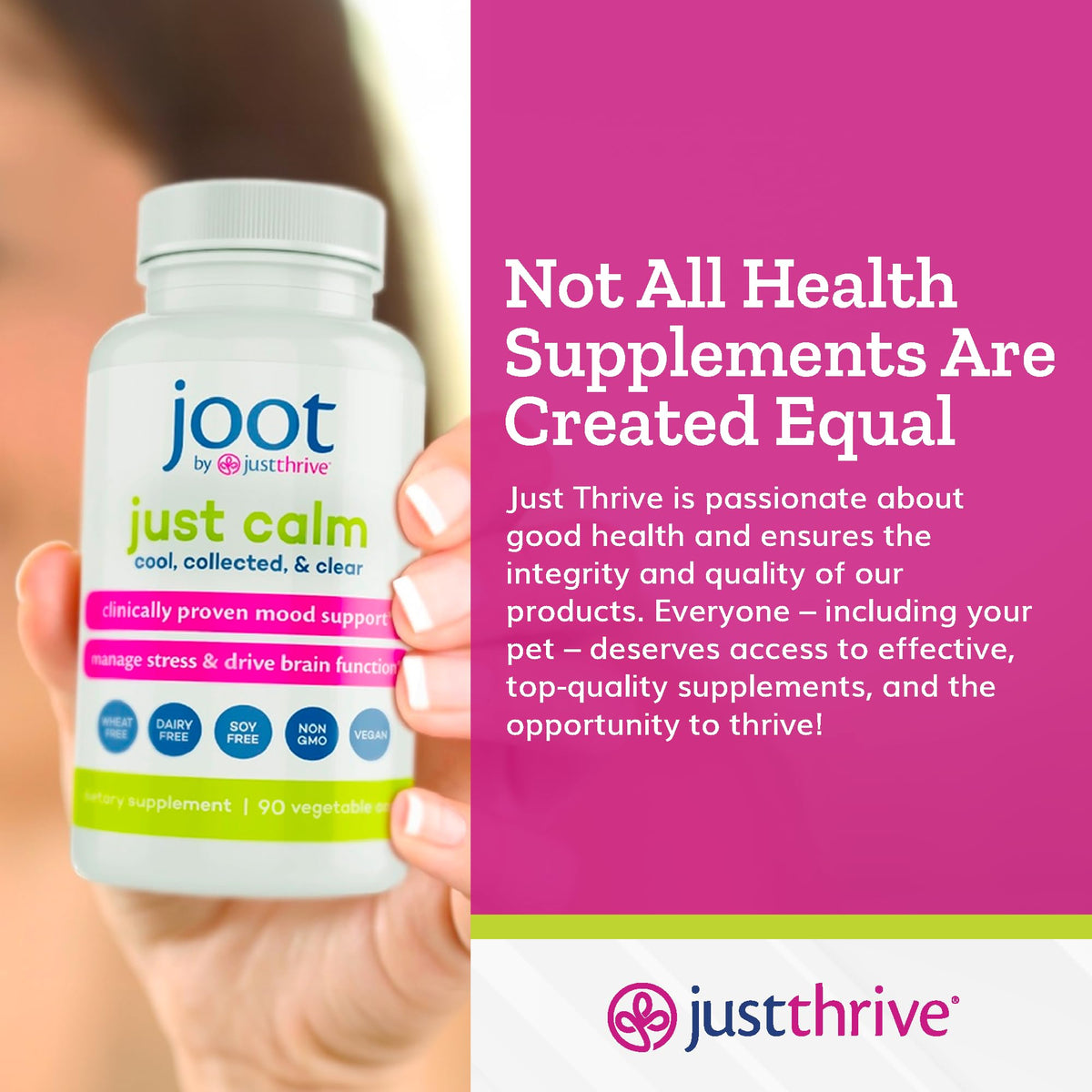 Just Thrive Just Calm, présentation du produit avec des ingrédients naturels