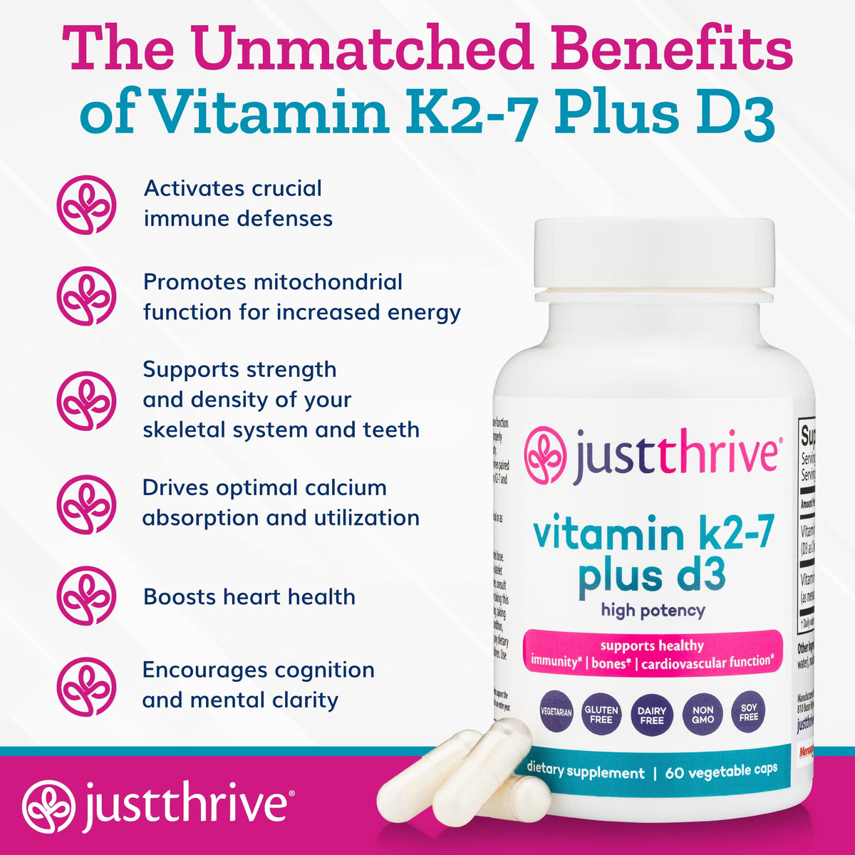 Just Thrive K2-7 Plus D3 complément alimentaire 200 mcg avec capsules