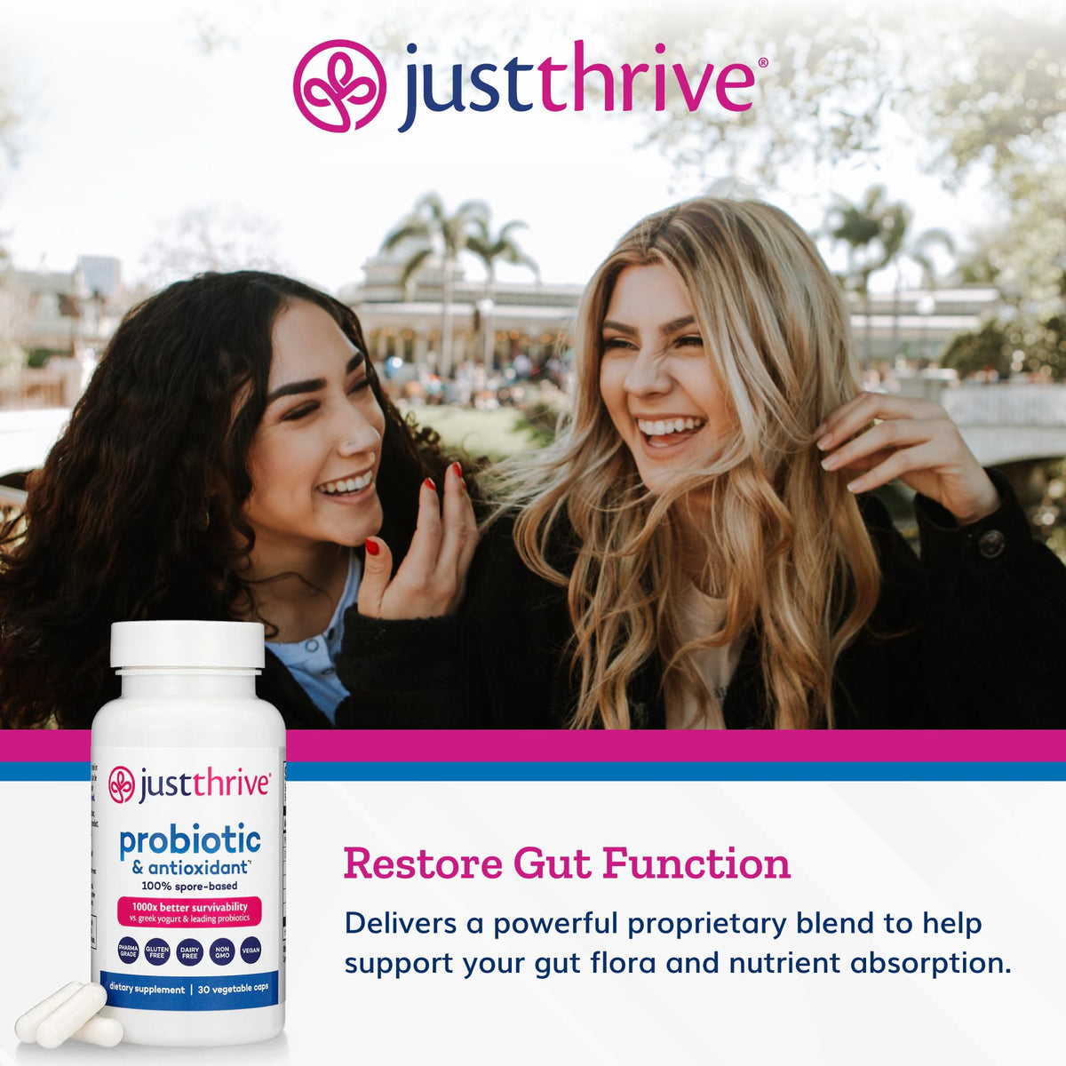 Just Thrive Probiotic 100% Spore-Based 41g capsules sur une surface