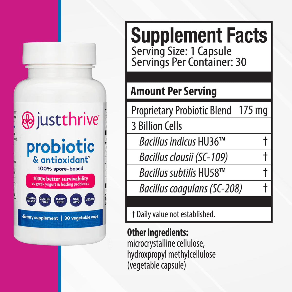 Just Thrive Probiotic 100% Spore-Based 41g flacon arrière